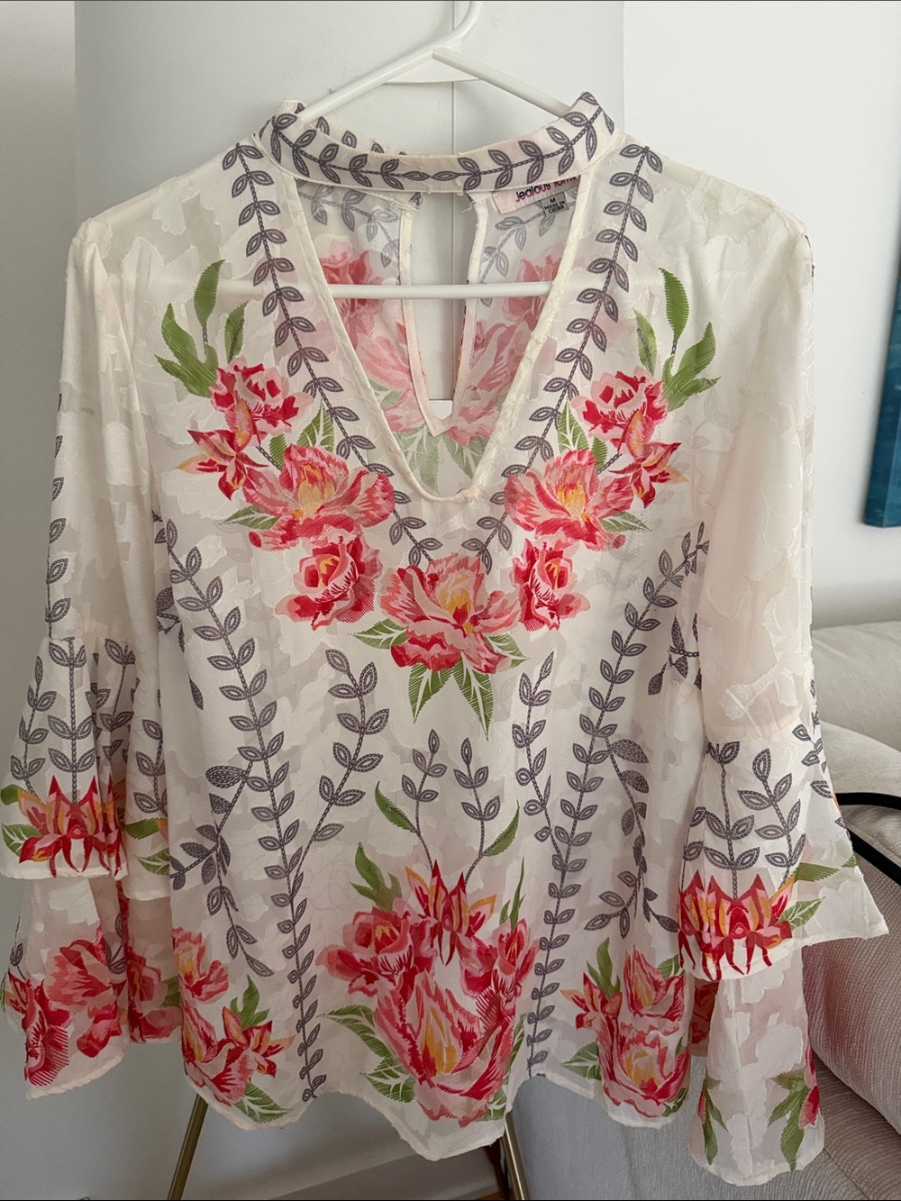 Jealous Tomato White Sheer Tunic with Pink Floral Embroidery